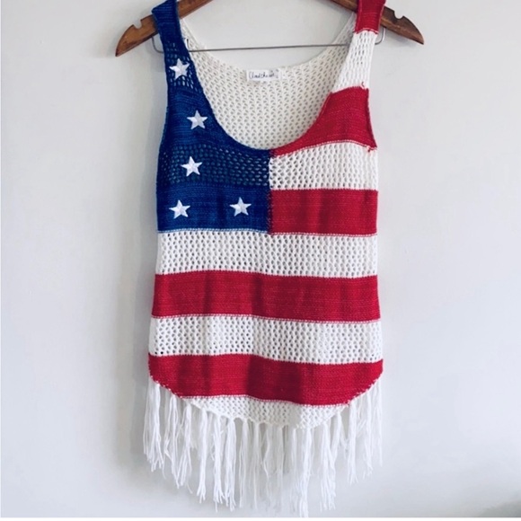Cloud Chaser Tops - Cloud Chaser American Flag Knitted Short Sleeved Top with Fringes